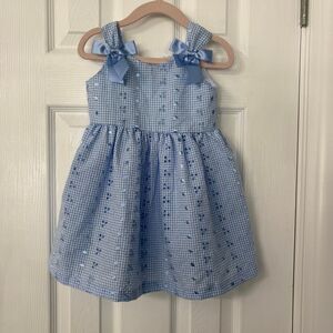 Bonnie Baby Blue Gingham Embroidered Dress with Bows Size 24M